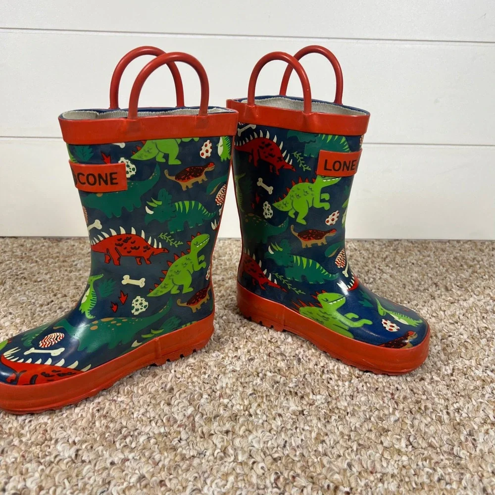 Lone Cone Kids Dinosaur Rain Boots Navy Blue Red Waterproof Rubber Size 7 Kids